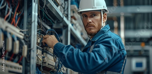 Industrial Electrician Working on Electrical Panel in a Factory