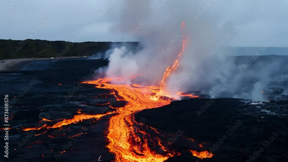 Lava Flowing into Ocean Creating Steam with Ai generated.
