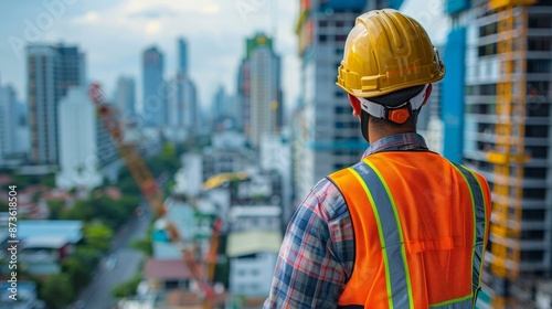 Male civil engineer in safety gear, overlooking construction progress from a high vantage point, with skyscrapers in the background. © ChomStyle
