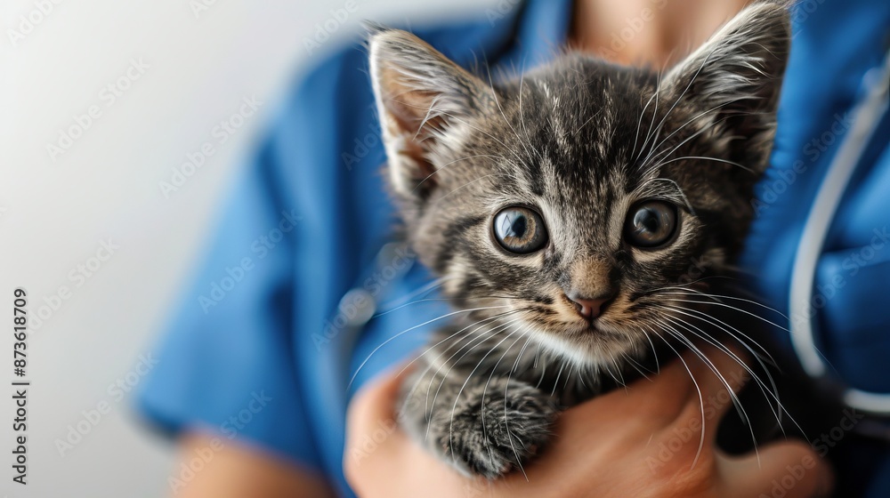 Caring Veterinarian in Blue Uniform Holding Adorable Little Kitten at Animal Hospital, Isolated on White Background with Copy Space for Commercial Use Caring Veterinarian in Blue Uniform Holding Adorable Little Kitten at Animal Hospital, Isolated on White Background with Copy Space for Commercial Use