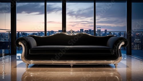 A majestic black luxury sofa, rendered in 4K resolution, sits poised in a lavish photo