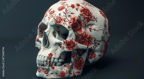 Floral Skull Decorated With Red and White Flowers Against Black Background
