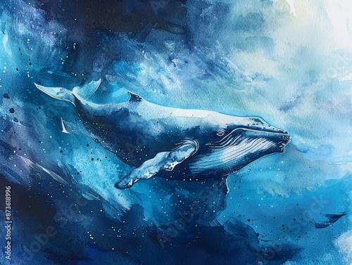 Watercolor painting of a whale swimming in the deep sea. Use for wallpapers, posters, postcards, brochures