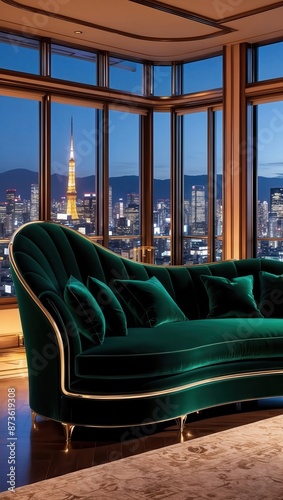 A majestic emerald green luxury sofa, rendered in 4K resolution photo