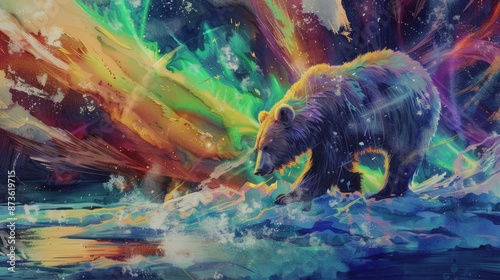 Watercolor painting of an imaginary colorful bear walking towards a pond. Use for wallpapers, posters, postcards, brochures