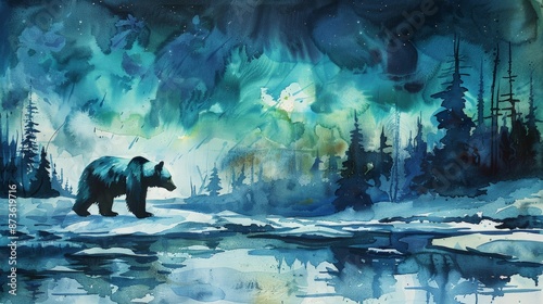 Watercolor painting of a bear walking in the snow at night. Use for wallpapers, posters, postcards, brochures