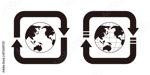 大陸がスミベタの白黒の地球を矢印で四角に囲った環境問題のイラストセット	