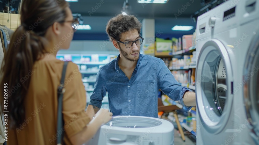 Couple shopping for washing machine with saleswoman in appliance store looking at home appliances Couple shopping for washing machine with saleswoman in appliance store looking at home appliances