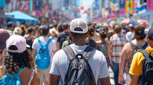 Summer heatwave on a busy downtown street, with individuals dressed in light, airy clothes. Sidewalks are packed with people looking for shade, hydration, and a break from the oppressive heat.