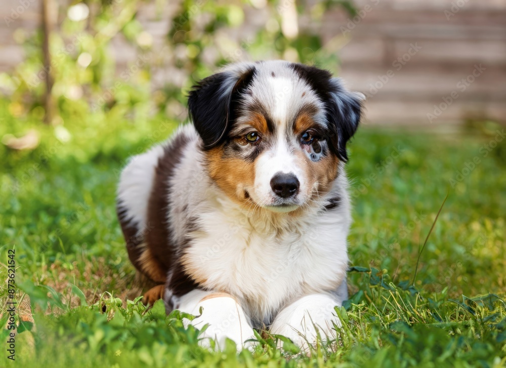 puppy Australian Shepherd dog in garden. High quality photo puppy Australian Shepherd dog in garden. High quality photo