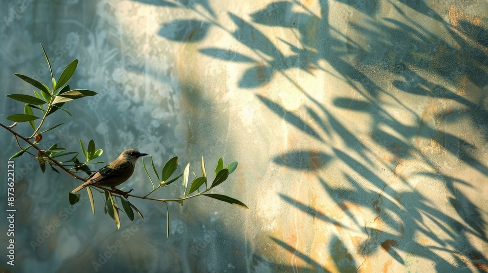 Obraz premium A small bird perched on a branch with shadows cast on a textured wall, creating a peaceful and artistic scene.
