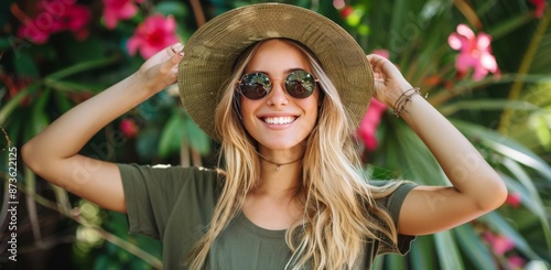 Smiling Woman in a Tropical Garden Wearing a Straw Hat