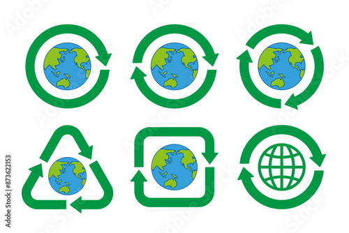青い線画の地球を中心としたさまざまな形の緑の矢印のリサイクルマークのアイコンセット