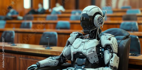 A White Robot Sitting in a Conference Room