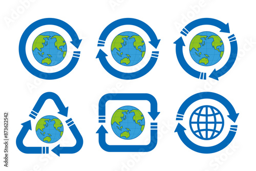 青い線画の地球を中心としたさまざまな形の青い矢印のリサイクルマークのアイコンセット