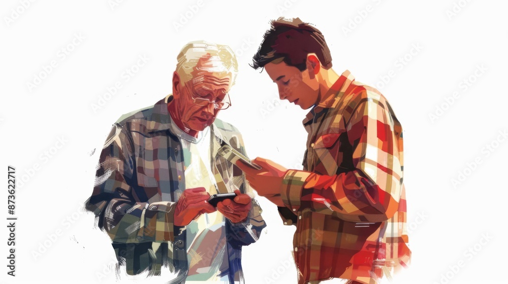 Passing on Digital Knowledge - Young man teaching older man to use smartphone in realistic digital painting on white background Passing on Digital Knowledge - Young man teaching older man to use smartphone in realistic digital painting on white background