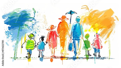 Family Fun at the Zoo - Childlike Drawing of Grandparents and Grandkids, Colorful Illustration on White Background