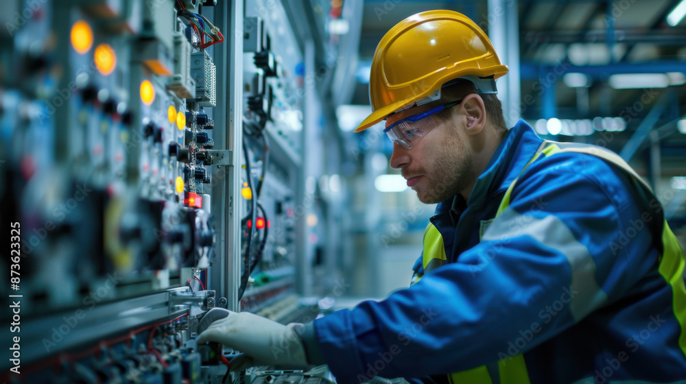 An industrial engineer in a hard hat and safety gear adjusts controls on an intricate industrial panel in a factory. An industrial engineer in a hard hat and safety gear adjusts controls on an intricate industrial panel in a factory.