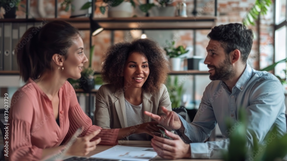 Fototapeta premium Happy businesspeople laughing while collaborating on a new project in an office. Group of diverse businesspeople working together in modern workspace.