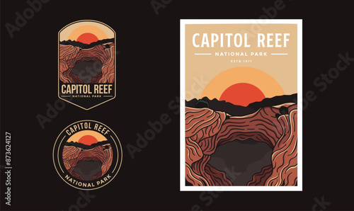 Set of Capitol Reef National Park graphic illustration badge poster vector