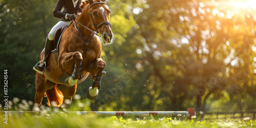 Rider on a horse jumping over an obstacle in a sunlit field, showcasing equestrian sport and outdoor activity. photo