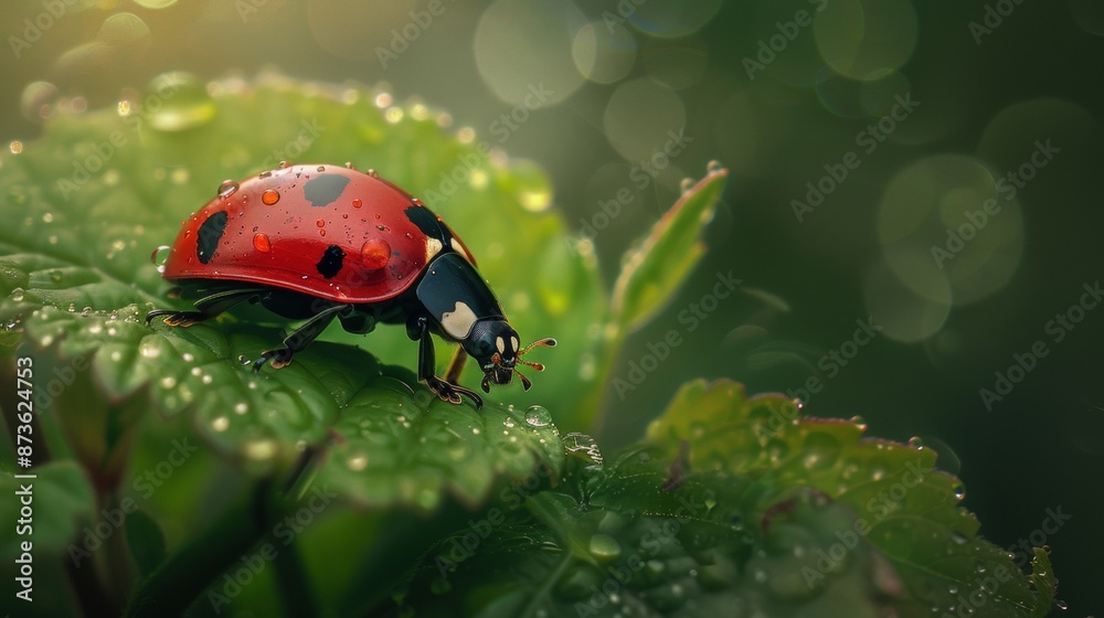 Fototapeta premium Close-up of a ladybug on a dewy leaf in a natural setting