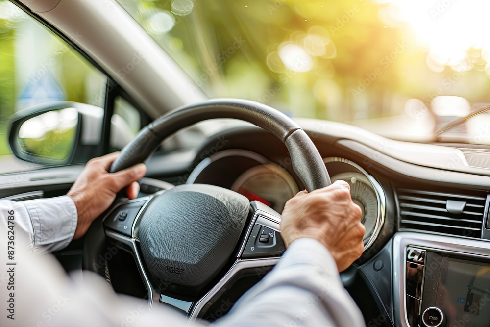 Close up of male hands on steering wheel of a car driving on the road Close up of male hands on steering wheel of a car driving on the road