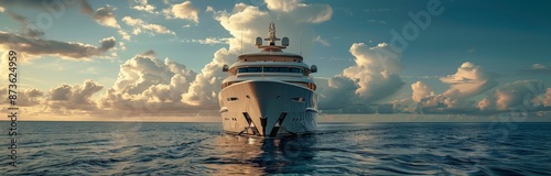 Luxury Yacht Sailing Through Calm Waters at Sunset