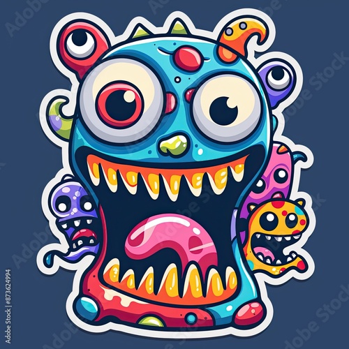 Playful and Colorful Digital Illustration of a Monster with Quirky Expressions Surrounded by Curious Creatures photo