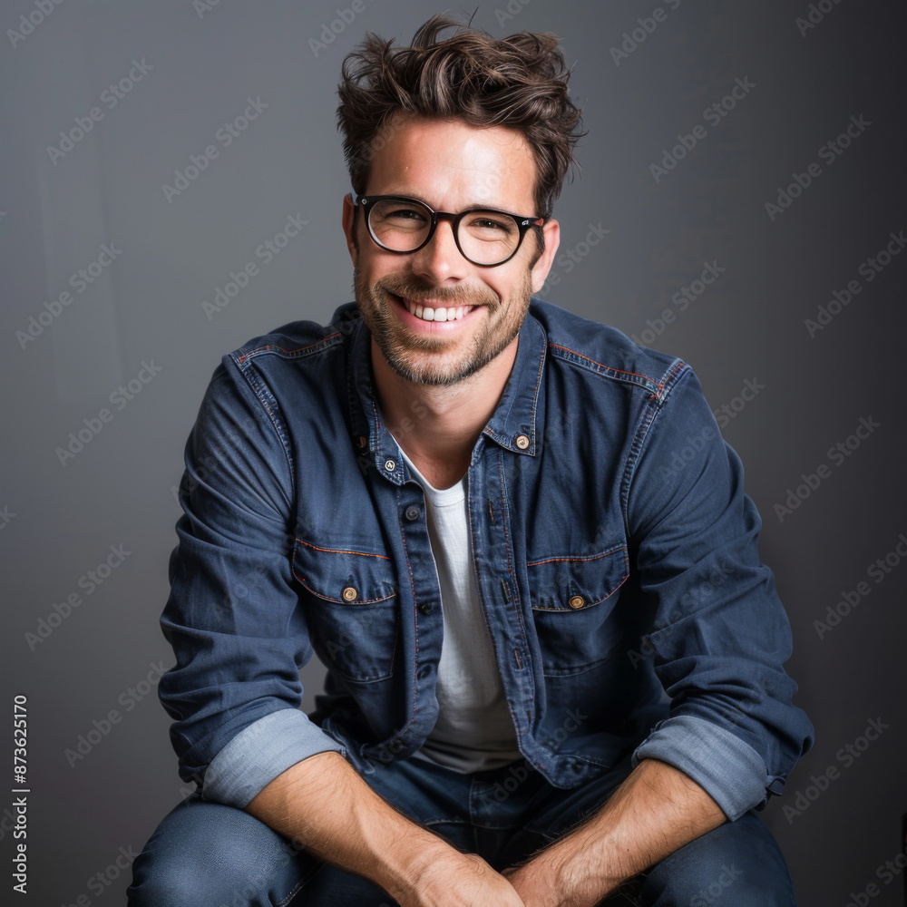 Obraz premium White american handsome man smiling Kneeling on one knee , isolated on black background