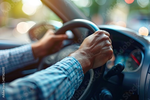 Close up of male hands on steering wheel of a car driving on the road