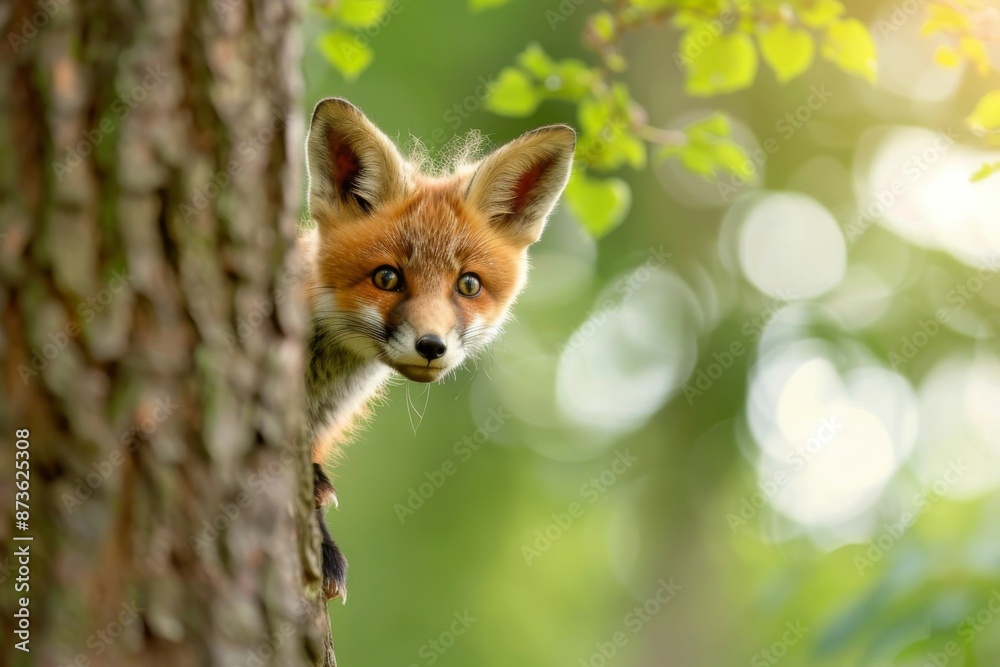 Fototapeta premium A Curious Red Fox Peeking from Behind a Tree