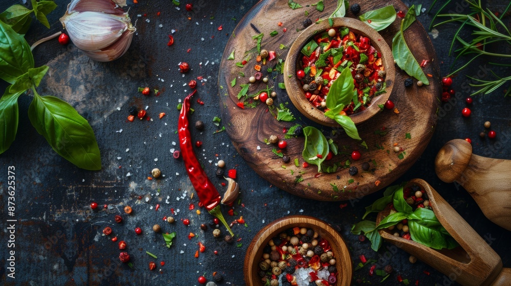 Fototapeta premium Variety of spices and herbs on a rustic wooden table