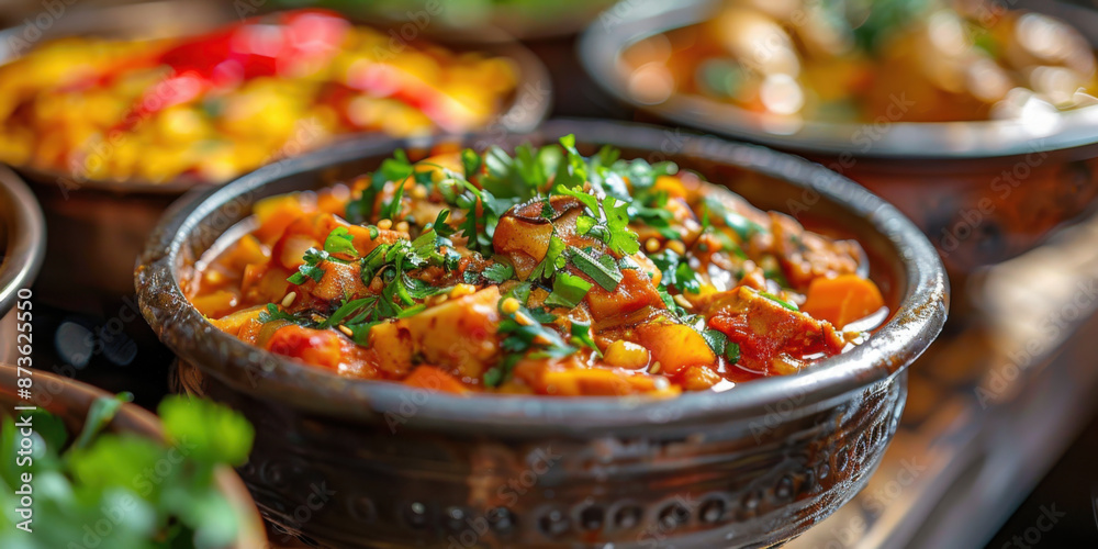 Close-up of a colorful and vibrant Indian vegetable curry dish garnished with fresh herbs, showcasing traditional cuisine. Close-up of a colorful and vibrant Indian vegetable curry dish garnished with fresh herbs, showcasing traditional cuisine.