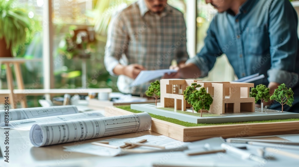 Civil engineer and architect in office, discussing project plans with blueprints and a model structure on the table. Civil engineer and architect in office, discussing project plans with blueprints and a model structure on the table.