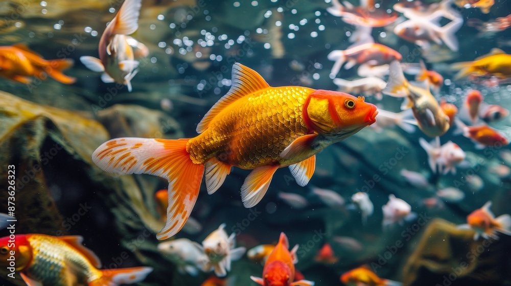 Colorful goldfish swimming in a clear aquarium Colorful goldfish swimming in a clear aquarium