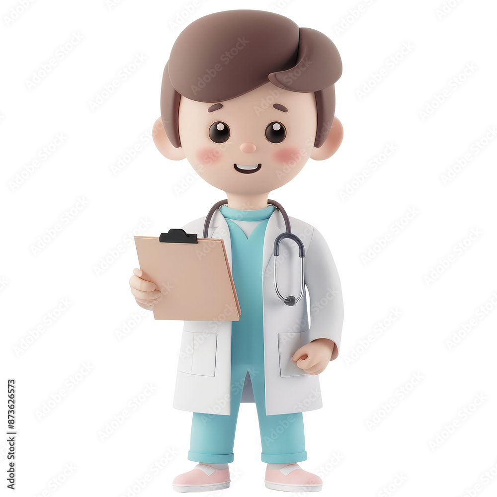 3D cartoon boy doctor with clipboard and stethoscope dressed in white coat and scrubs on transparent background clipart 3D cartoon boy doctor with clipboard and stethoscope dressed in white coat and scrubs on transparent background clipart
