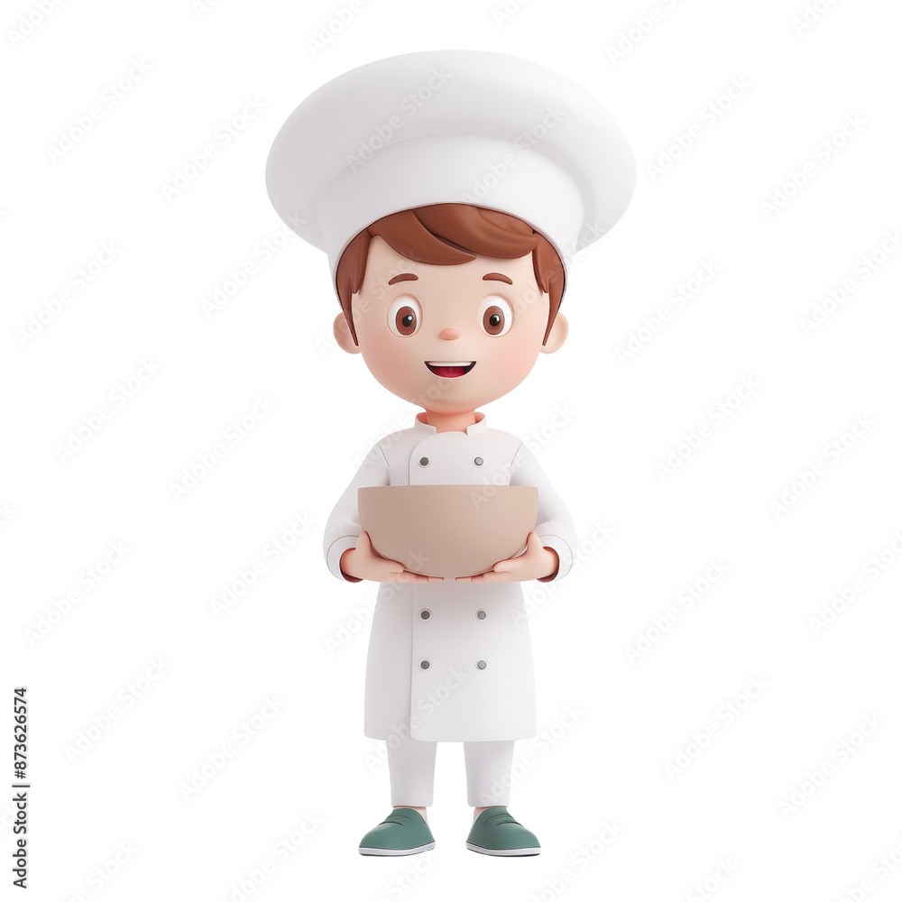 3D cartoon boy chef with white hat holding a bowl dressed in white uniform on transparent background clipart 3D cartoon boy chef with white hat holding a bowl dressed in white uniform on transparent background clipart