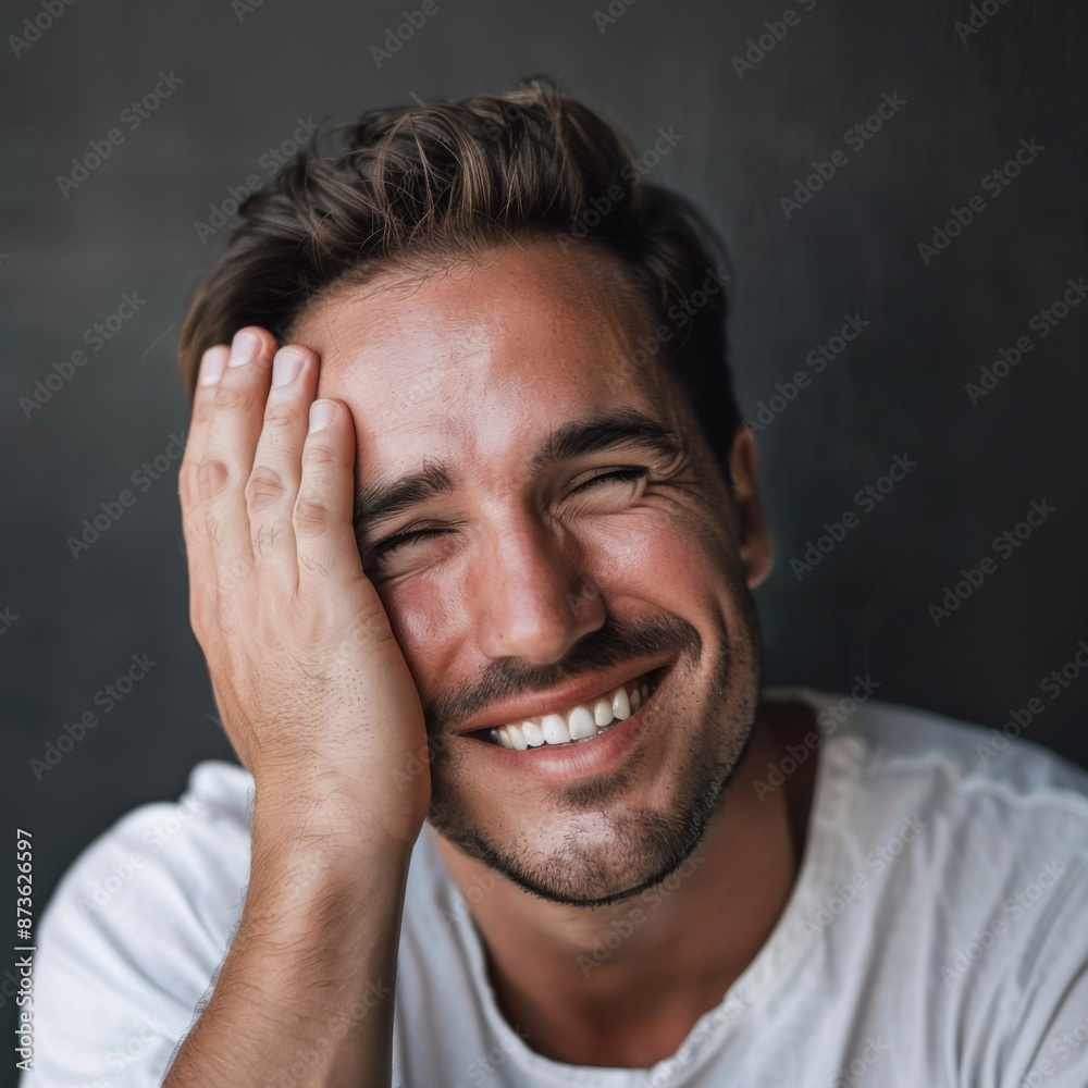 White american handsome man smiling Rubbing eyes with one hand , isolated on black background White american handsome man smiling Rubbing eyes with one hand , isolated on black background