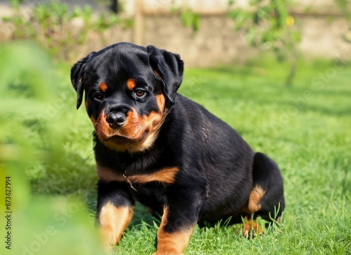 puppy Rottweiler dog in garden. High quality photo