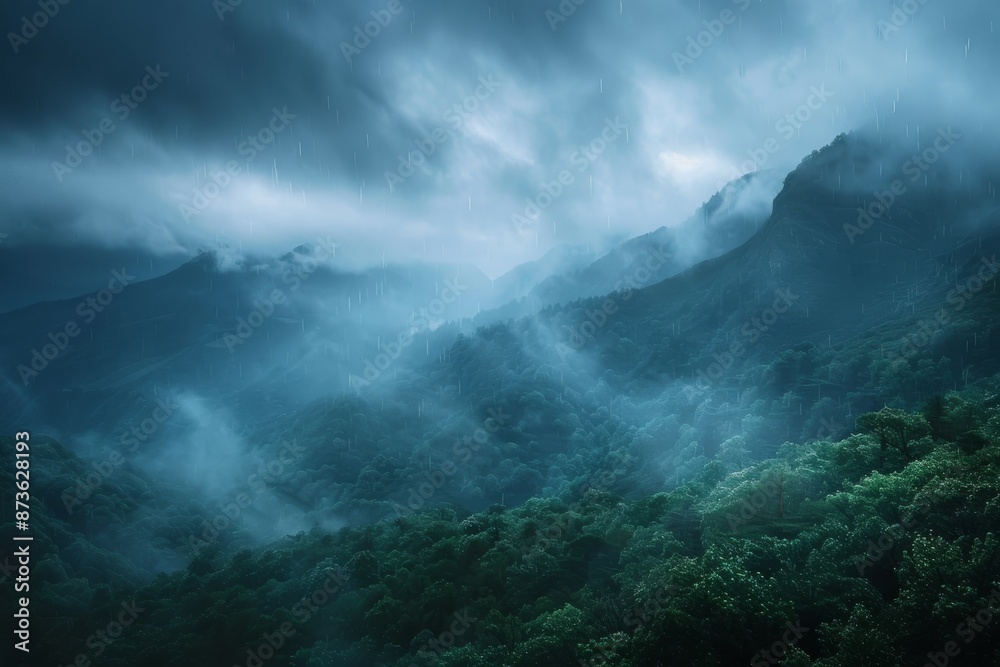 Stormy blue hour landscape of majestic Grand Canyon with dramatic clouds and rays of light