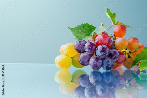 Concept of food biotechnology, A bunch of rainbow grapes placed on a blue glass table, white background,Generative AI photo