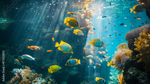 Coral reef oasis: tropical fish school gliding amidst vibrant corals, illuminated by gentle underwater natural light