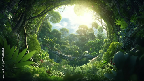 Fototapeta Naklejka Na Ścianę i Meble -  Earth Day eco concept with tropical forest background, Generative AI.