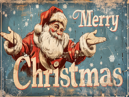 サンタクロースとメリークリスマスの文字が大きく描かれた1930年代レトロ風リアルイラスト