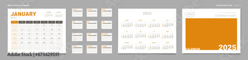 Set of 2025 Pages Monthly Calendar Planner Templates, Cover with Place for Photo, Company Logo, annual. Design of Vector Calendar Pages size Letter -8.5x11 in ready on print. Week start on Sunday