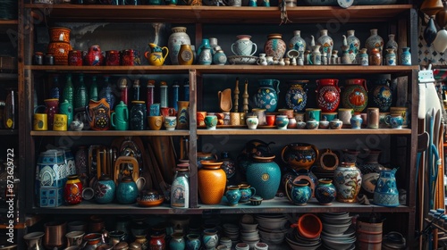 Wallpaper Mural Colorful pottery collection on shelves Torontodigital.ca