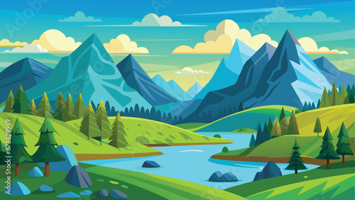 beautiful landscape of spring summer beautiful nature, green grasslands, forest, scenic blue lake, mountains on horizon background, mountain lake landscape vector illustration