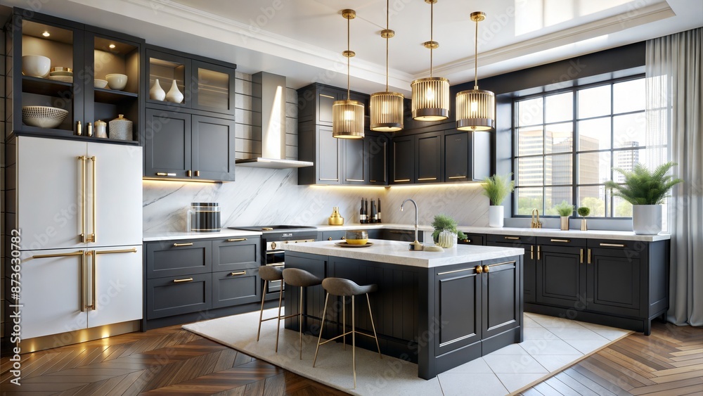 A contemporary, chic kitchen featuring stylish black and white cabinets, golden fixtures, and marble tiles. A contemporary, chic kitchen featuring stylish black and white cabinets, golden fixtures, and marble tiles.