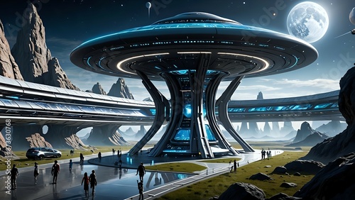 Futuristic spaceship landing on an alien planet with people walking by.